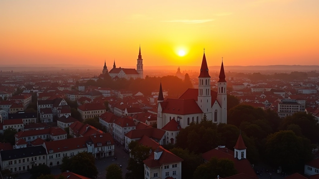 Vilniaus bažnytinių bokštų panorama saulėlydžio metu, nuotrauka iš aukšto, miesto siluetas