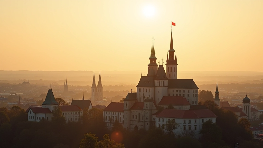 Gediminas pilies bokšto viršus su Vilniaus miesto panorama, kupolos ir bažnytiniai bokštai horizonte