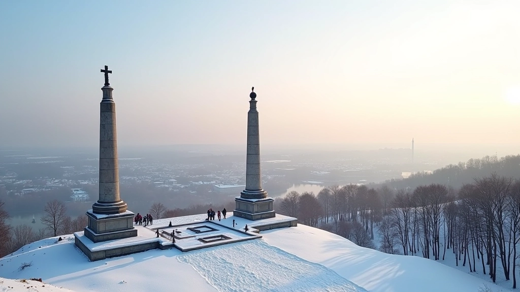 Gedimino kalno paminklas žiemą, sniegas, miesto vaizdai