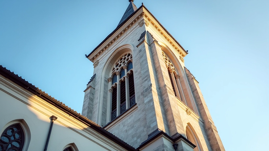 Šv. Jonų bažnyčios bokštas su geometrinėmis proporcijomis, archtektūrines detales, gotiko stilius
