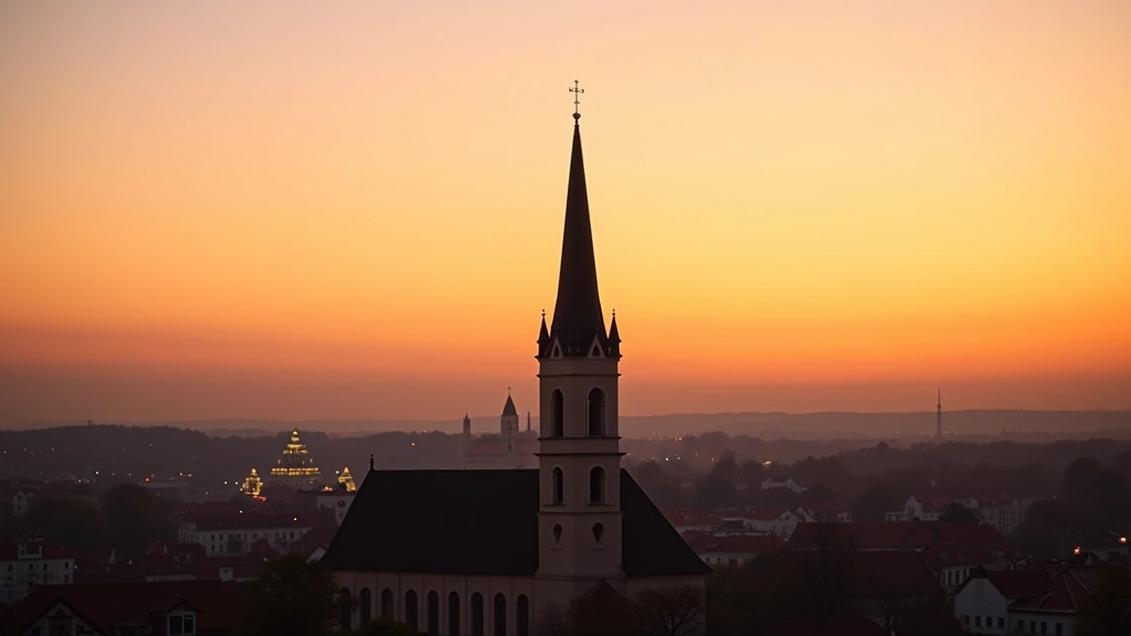 Šv. Jonų bažnyčios bokštas su Vilniaus panorama fone, saulėlydžio metu