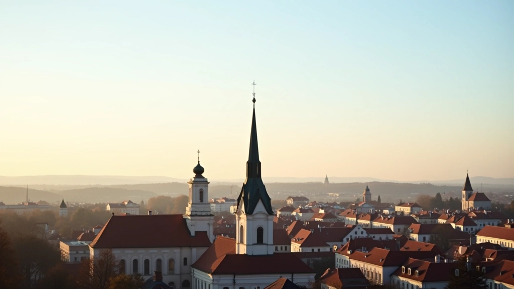 Šv. Jonų bažnyčios bokštas ryto šviesoje su Vilniaus panorama