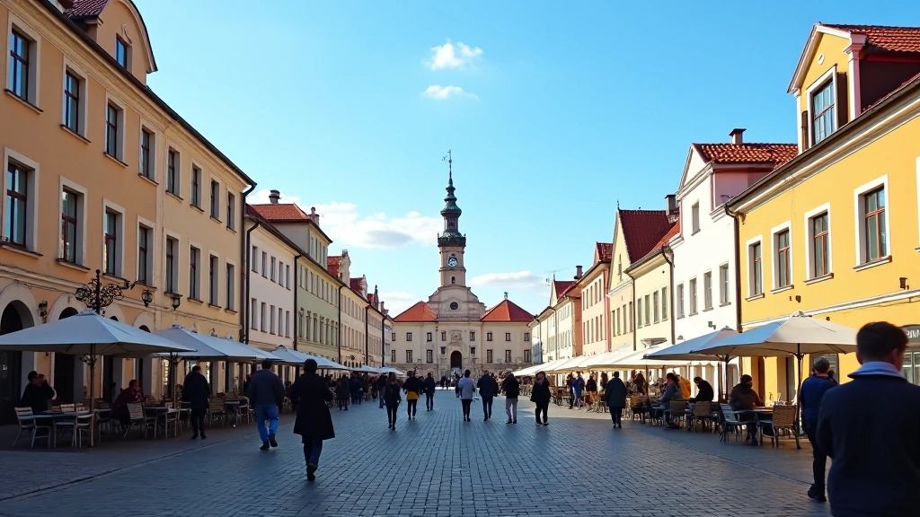 Vilniaus senamiesčio aikštė su Šv. Jonų bokštu fone, melsva dangumi, ryti šviesa